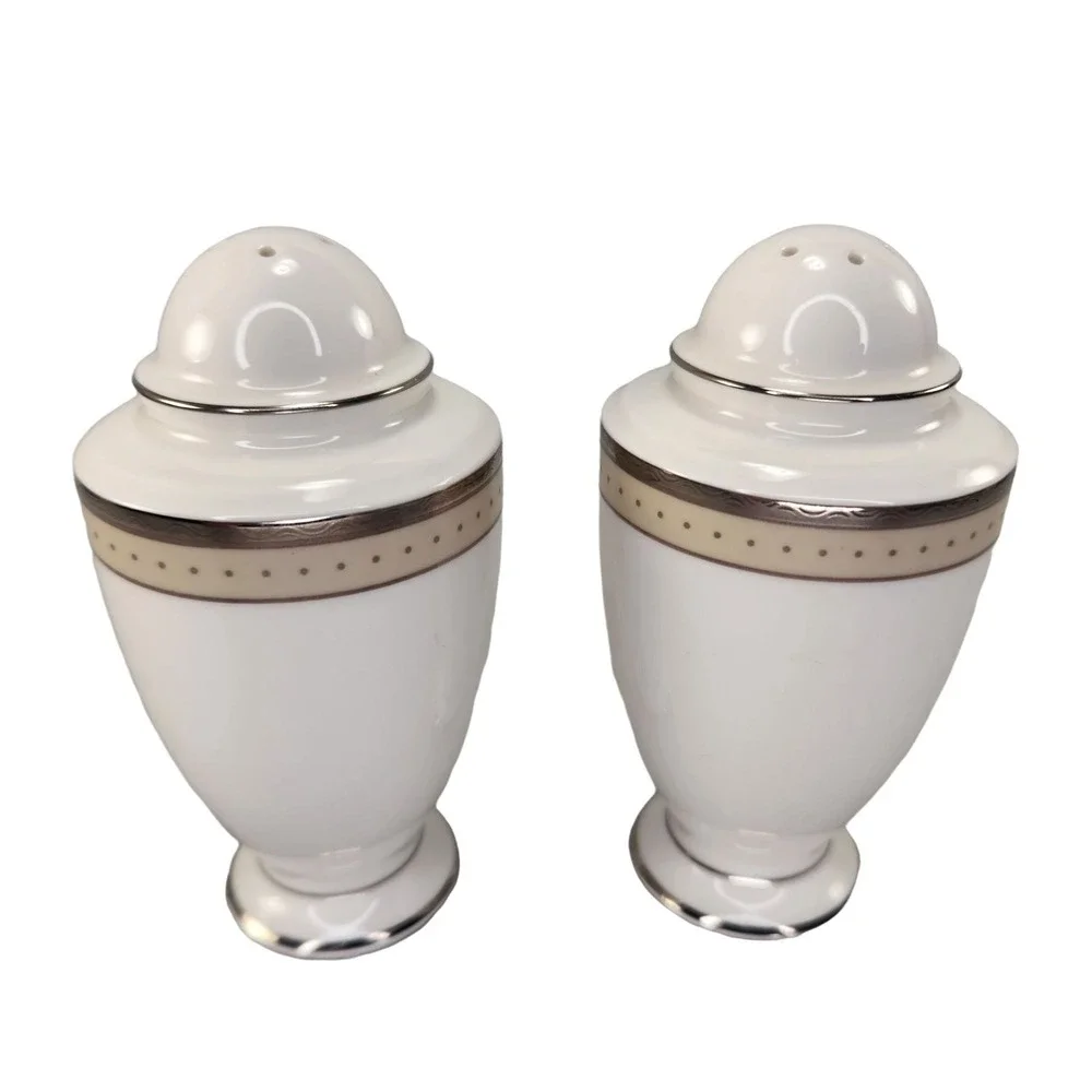 Noritake China Cameroon Sand Salt and Pepper Shakers Set Platinum Band Discon